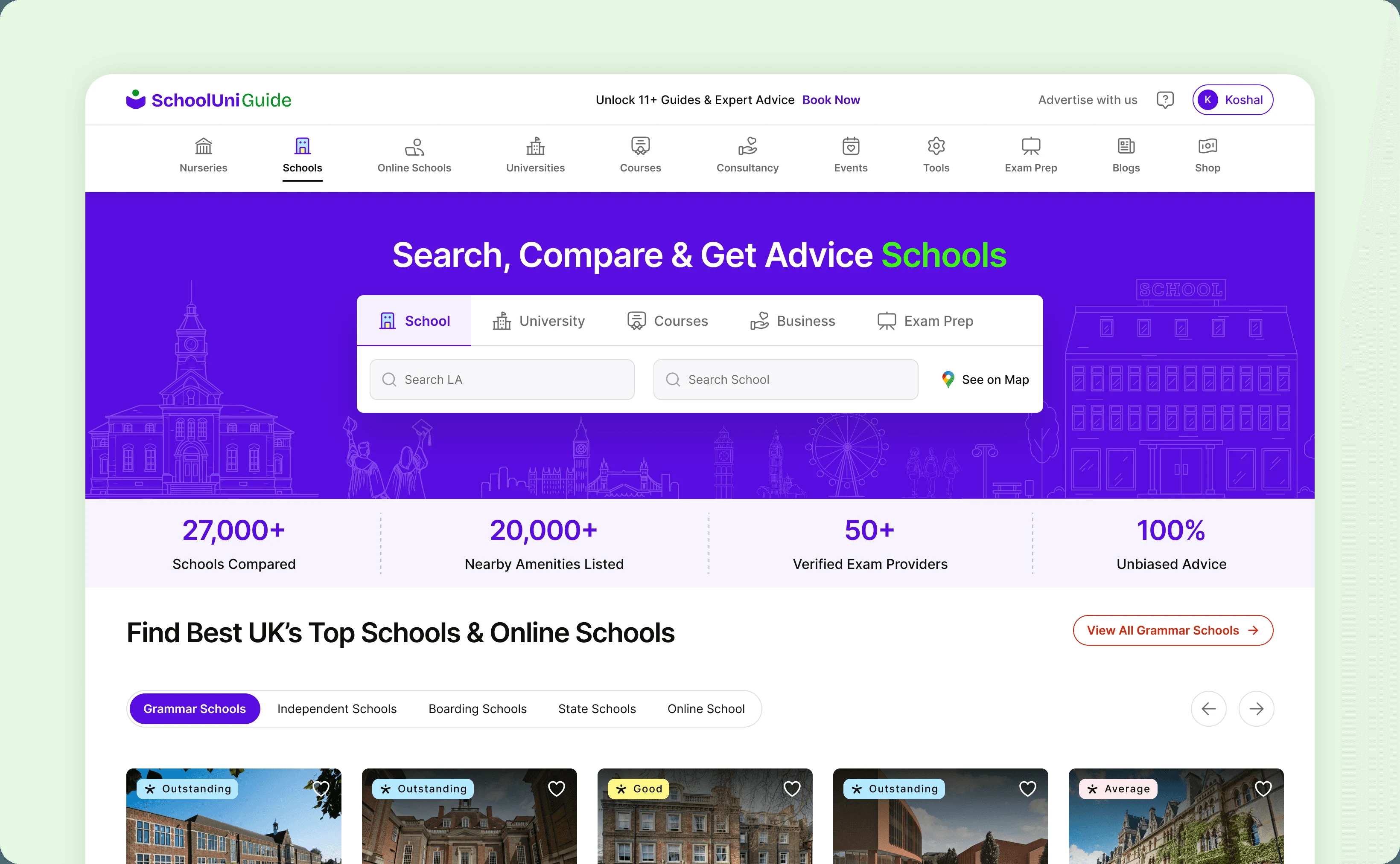 School Uni Guide homepage with school search, education navigation and discovery cards